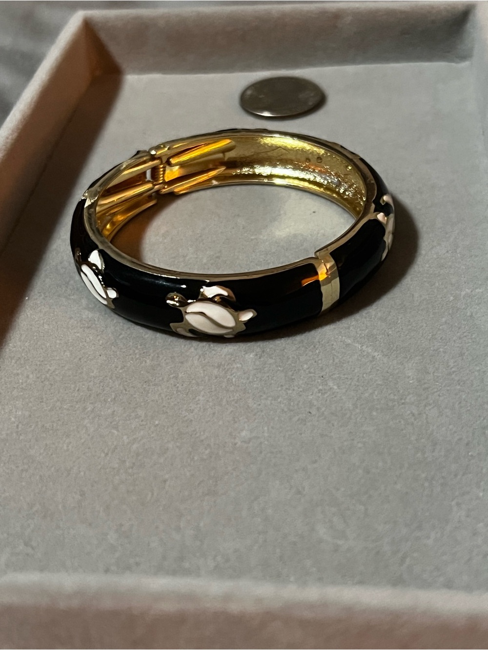 Gold-Tone Black Enamel Turtle Accent Bangle Bracelet